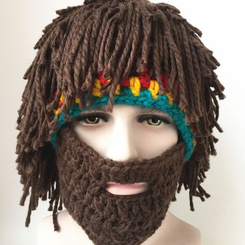 Creative Barbarian Knit Beard Hat Funny Knit Cap Wig Beanie Hats Beard Facema...