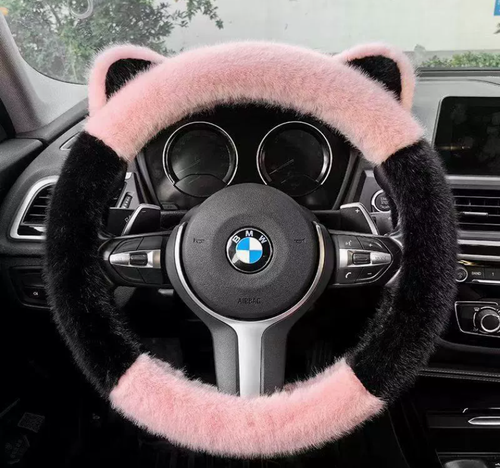 Artificial cute plush ear steering wheel cover - Comfortable and anti-slip high-quality wool-like material, suitable for various steering wheels ranging from 13 inches to 15.35 inches.