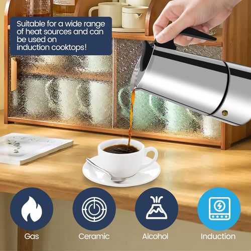 6 Cup Moka Pot Stainless Steel 300ml Italian Espresso Coffee Maker Stovetop Coffee Makers Mocha Pot Percolator Greca Coffee Maker for Induction Stove Portable for Easy Brewing Straight