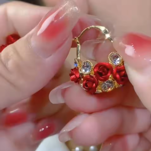 Red/Purple Flower Basket Shape Crystal Glass Rhinestones Hoop Earrings Jewelry For Women