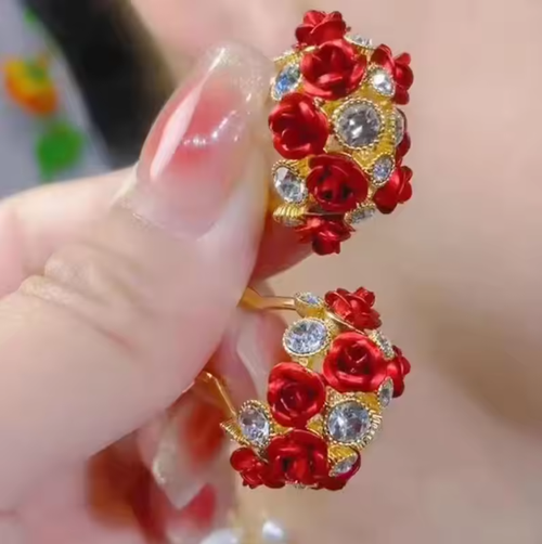 Red/Purple Flower Basket Shape Crystal Glass Rhinestones Hoop Earrings Jewelry For Women
