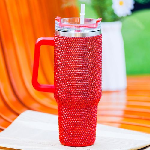 Lashicorn 40 ounce glass with red rhinestone design with handle and straw lid, high gem design, with red isolation