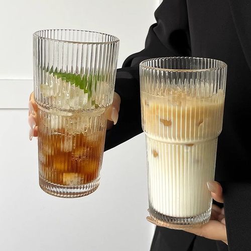 High-end striped glass cup, Instagram style, large capacity, with lid, water cup, straw, juice, cold drink, coffee cup