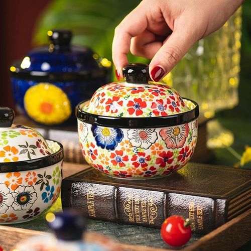 Hand-painted ceramic stew pot for home use, retro style with lid soup Fanhua Impression stew pot