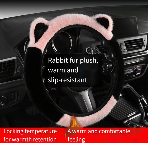 Artificial cute plush ear steering wheel cover - Comfortable and anti-slip high-quality wool-like material, suitable for various steering wheels ranging from 13 inches to 15.35 inches.