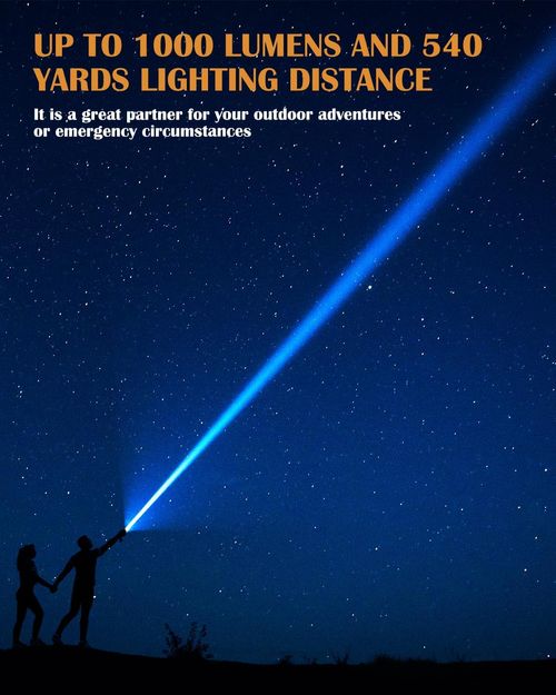 VLU Flashlight, Tactical Flashlights High Lumens, Rechargeable 1000 Lumens LED Flashlight with 5 Modes, Waterproof Focus Zoomable Flashlights for Home, Outdoor, Camping, Emergency, Gift for Men Women