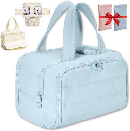 Toiletry Bag, Meonsopoli Large Capacity Storage Bags Wide-Open Travel Cosmetic Bag, Waterproof Portable Pouch Open Flat Toiletry Bags, Dry-and-Wet Separation (Blue)