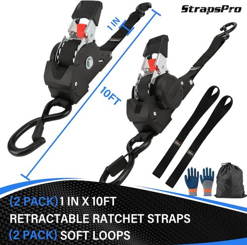 Retractable Ratchet Straps, 1763lb Break Strength Self Retracting Ratchet Straps Heavy Duty with Soft Loops, 10FT Auto Tie Down Straps Easy Retract for Motorcycle, Truck, Securing Cargo
