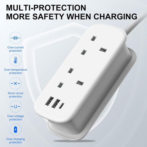 Unidapt Extension Lead With Usb Slots,2 Socket Extension Cable With 1 Usb C And 2 Usb A, 3250W 13A, Multi Power Strip Plug Extension With 1.5M Rollable Extension Cord For Home Office Travel, White