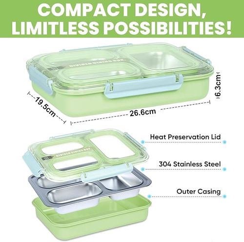 Mylindde Bento Box, Leakproof Lunchbox, Food Storage Box, Stainless Steel Lunch Box, Leakproof Bento Box, for Adults Kids Teens (Transparently, Green)