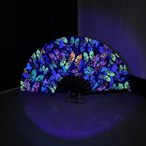 HeyToo Women-Men Large UV Glow Rave Handheld Fan for Drag Queen Cosplay EDM Club Party Music Festival Dance Decoration Butterfly