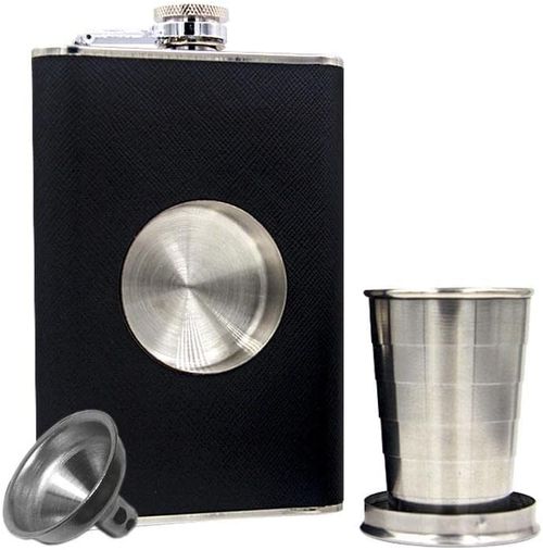 Stainless Steel 8oz Shot Flask Hip Flask With Built in Collapsible Cup (Black)