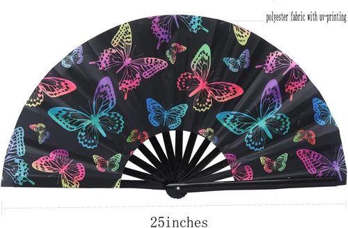 HeyToo Women-Men Large UV Glow Rave Handheld Fan for Drag Queen Cosplay EDM Club Party Music Festival Dance Decoration Butterfly
