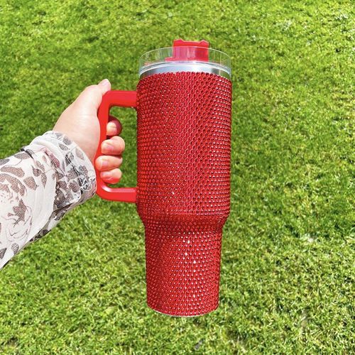 Lashicorn 40 ounce glass with red rhinestone design with handle and straw lid, high gem design, with red isolation