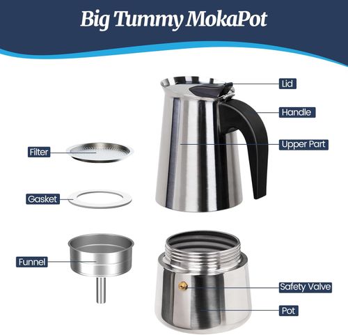 6 Cup Moka Pot Stainless Steel 300ml Italian Espresso Coffee Maker Stovetop Coffee Makers Mocha Pot Percolator Greca Coffee Maker for Induction Stove Portable for Easy Brewing Straight