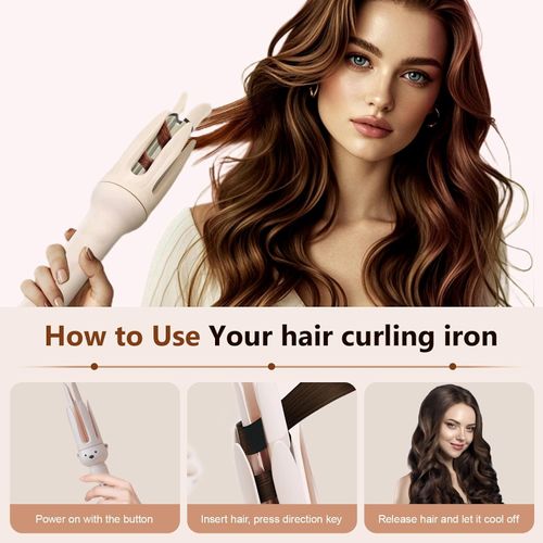 Automatic Hair Curling Iron, Fully Automatic Curling Stick Lazy Curling Tool, Anti-Scald Curling Wand for Travel, Rotating Curling Wand for Women (Beige)