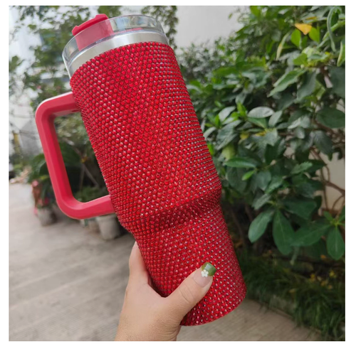 Lashicorn 40 ounce glass with red rhinestone design with handle and straw lid, high gem design, with red isolation