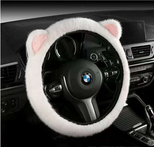 Artificial cute plush ear steering wheel cover - Comfortable and anti-slip high-quality wool-like material, suitable for various steering wheels ranging from 13 inches to 15.35 inches.