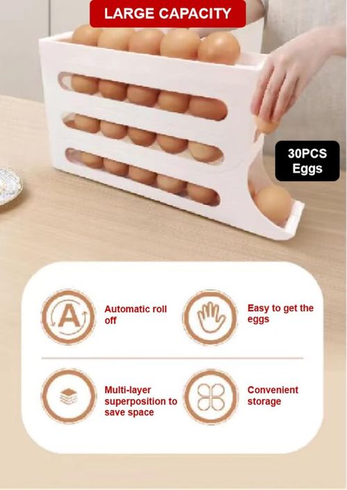 4 Tiers Egg Holder for Fridge Automatic Rolling Fridge Egg Container Large Capacity Egg Rack for Refrigerator Stackable Egg Dispenser Holder  New Auto Rolling Egg Tray (Yellow)