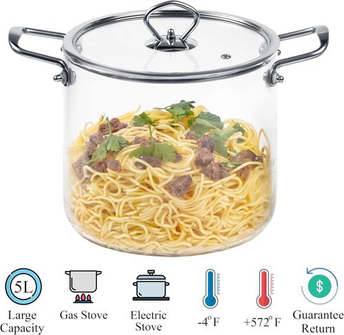 Glass Pot Saucepan with Lid Cover -  Heat-Resistant Simmer Pot for for Stove top Pasta, Soup, Stock Pot - Perfect for Electric & Gas Stoves Borosilicate
