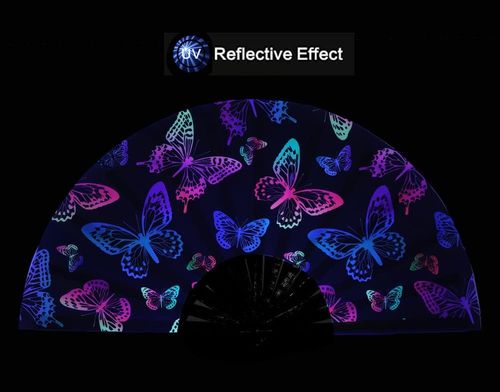 HeyToo Women-Men Large UV Glow Rave Handheld Fan for Drag Queen Cosplay EDM Club Party Music Festival Dance Decoration Butterfly