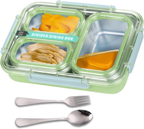 Mylindde Bento Box, Leakproof Lunchbox, Food Storage Box, Stainless Steel Lunch Box, Leakproof Bento Box, for Adults Kids Teens (Transparently, Green)