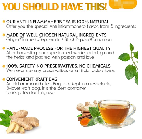 60.120 Tea Bags - Anti-Inflammaheb Loose Leaf Tea, 100% Natural from Ginger, Turmeric, Peppermint, Black Pepper, Cinnamon. Made with Natural Material Tea Bags. No Sugar, No Caffeine, No Gluten, Vegan. (60.120 Tea Bags)