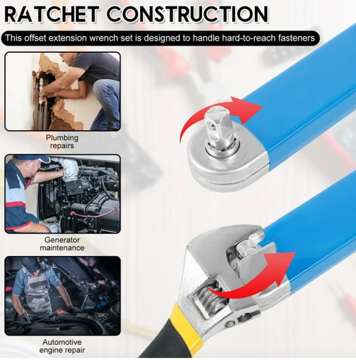 15 Inches Offset Extension Wrench High Carbon Steel Tight Reach Extension Wrench Set with 4 Drive Adapters  Universal Extension Wrench for Hard to Reach Fasteners