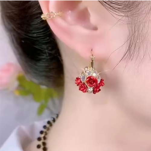 Red/Purple Flower Basket Shape Crystal Glass Rhinestones Hoop Earrings Jewelry For Women
