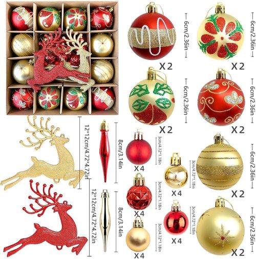 40PCS Christmas Balls Ornaments 2.36inch Shatterproof Glittering Plastic Hanging Decorations Red Green and Gold Snowflake Elk Christmas Tree Pendants for Holiday Party Decor (Red Elk)