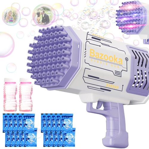 69 Holes Bazooka Bubble Gun - Rocket Boom Bubble Blower Extremely Large Number of Bubbles - Bubble Machine Gun with 2 Bubble Solution Refills - Purple