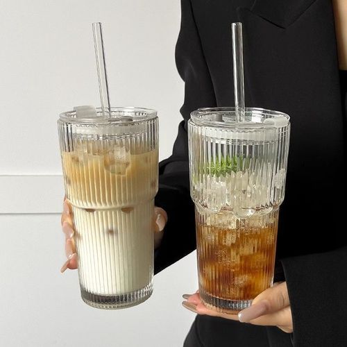 High-end striped glass cup, Instagram style, large capacity, with lid, water cup, straw, juice, cold drink, coffee cup