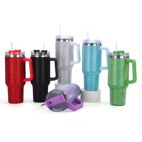 Lashicorn 40 ounce glass with red rhinestone design with handle and straw lid, high gem design, with red isolation