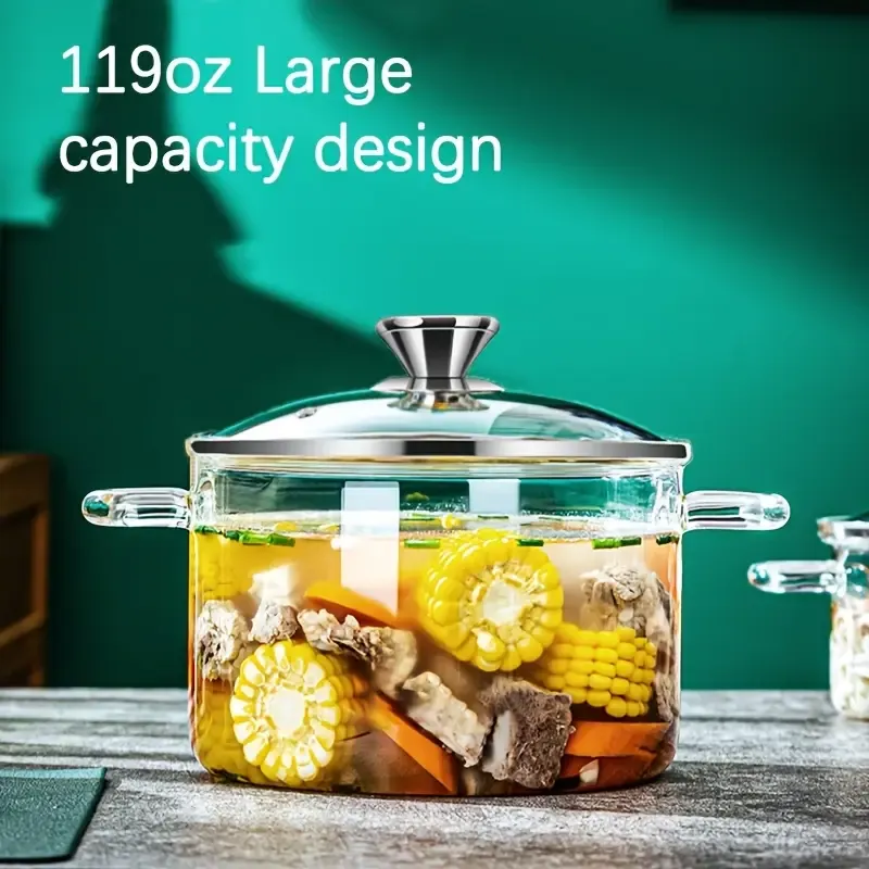 1pc Heat Resistant Clear Glass Stew Pot with Lid - Durable, easy to clean, versatile, can be used for stews, pasta, noodles, gas and electric hob compatible, dishwasher safe, ideal for cooking shrimp and lime pasta, dishwasher safe cookware, Pasta Saucepan, Modern Kitchenware, Sleek Cookware, Sturdy Construction, Durable Glassware, Versatile Saucepan, Busy Professionals, Home Chefs
