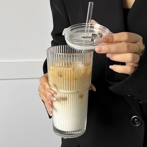High-end striped glass cup, Instagram style, large capacity, with lid, water cup, straw, juice, cold drink, coffee cup