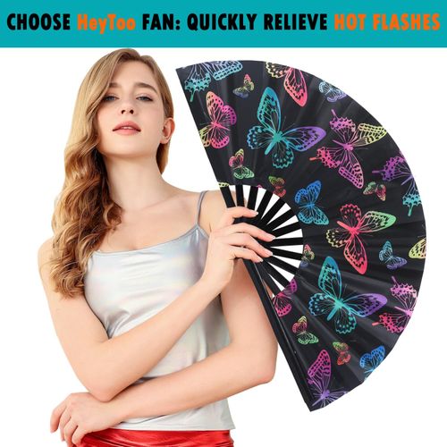 HeyToo Women-Men Large UV Glow Rave Handheld Fan for Drag Queen Cosplay EDM Club Party Music Festival Dance Decoration Butterfly
