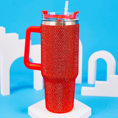 Lashicorn 40 ounce glass with red rhinestone design with handle and straw lid, high gem design, with red isolation