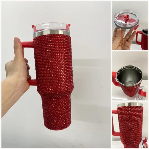 Lashicorn 40 ounce glass with red rhinestone design with handle and straw lid, high gem design, with red isolation
