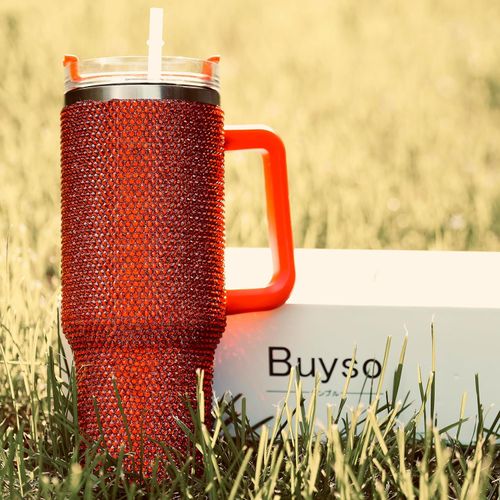 Lashicorn 40 ounce glass with red rhinestone design with handle and straw lid, high gem design, with red isolation