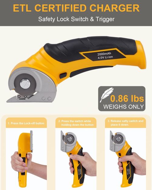 Cardboard Cutter Electric Box Cutter, Cordless Electric Scissors Carpet Cutter Tool with Rechargeable & Safety Lock, Rotary Blade for Recycling Cutting Leather, Blanket, Gifts for Men Adult Crafter