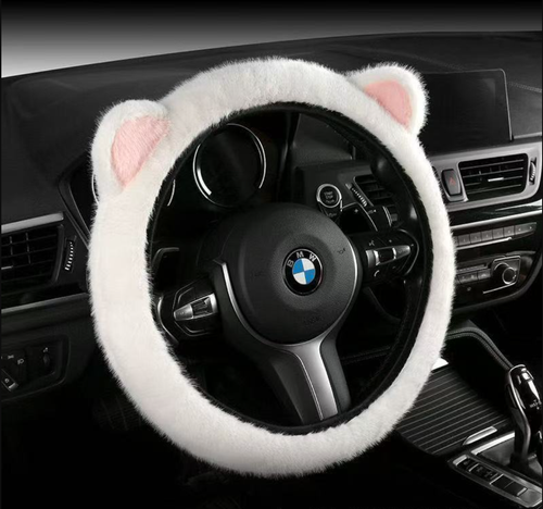 Artificial cute plush ear steering wheel cover - Comfortable and anti-slip high-quality wool-like material, suitable for various steering wheels ranging from 13 inches to 15.35 inches.