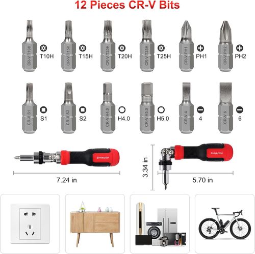SHAR Ratcheting Screwdriver 13-in-1 Multibit Screwdriver All in One Screwdriver Set with Phillips, Flat Head, Torx Security, Hex, Robertson, 180 Degree Pivoting Adjustable Angled Screw Driver Set