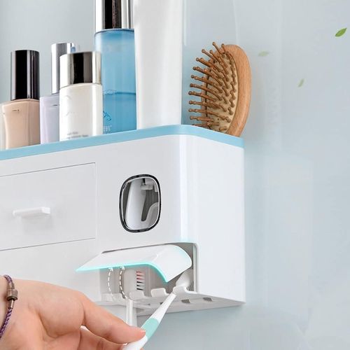 Toothbrush Rack Home Toothbrush Holder Wall Mounted Bathroom Organizer, Toothbrush Holder with Toothpaste Dispenser and Cups Bathroom Toothbrush Holder(A)
