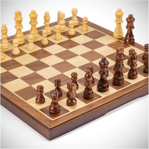 LEAP Wooden Chess Set Magnetic Travel Size 13 Inches - 2 Extra Queens - Magnetic Folding Board, Handmade Portable Travel Chess Board Game Sets with Pieces Storage Slots - All Adults and Beginner