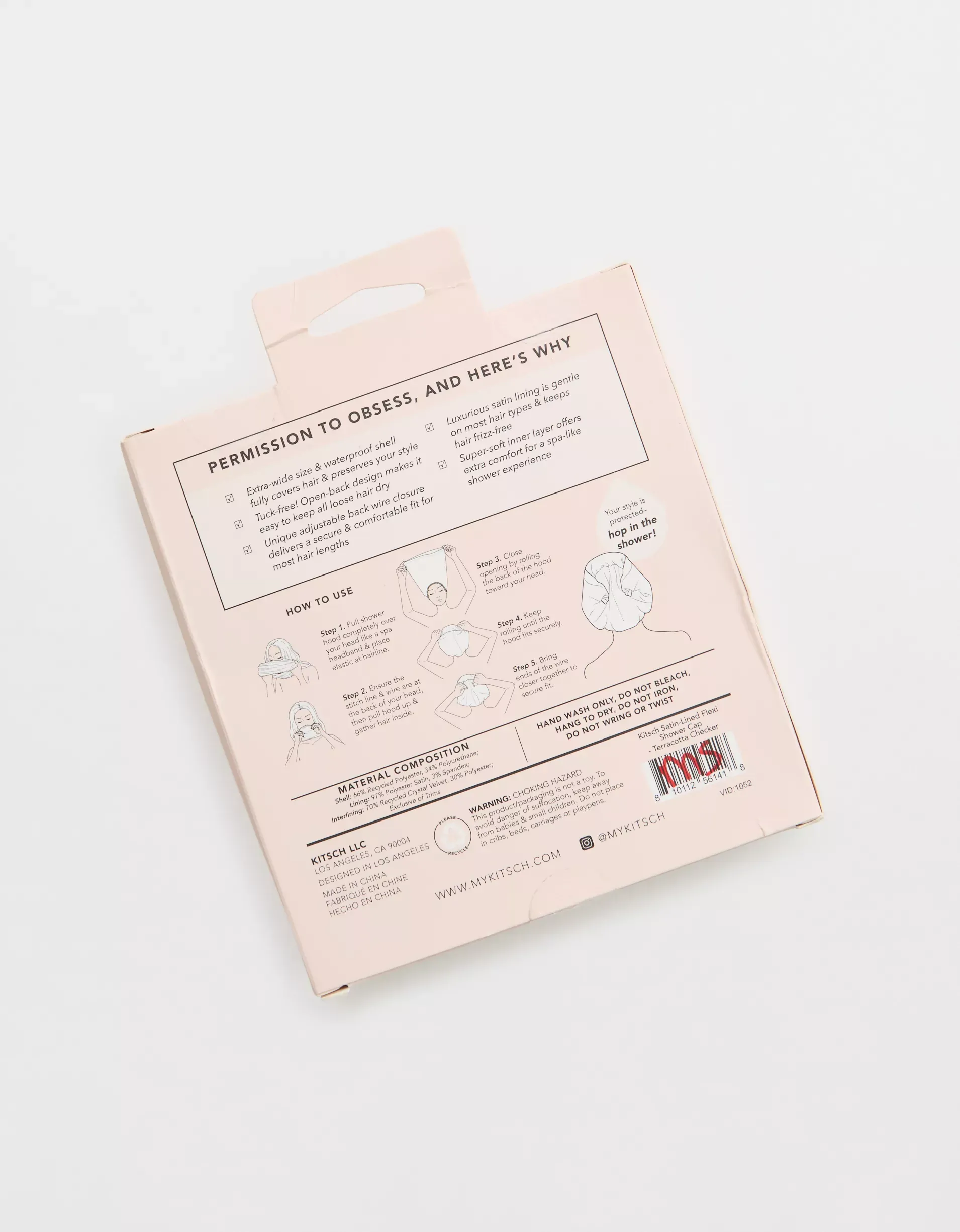 Kitsch Flexi Shower Cap Tuck-free open-back design makes it easy to keep all loose hair dry. Unique adjustable back wire closure delivers a secure & comfortable fit for most hair lengths. Luxurious satin lining is gentle on most hair types & keeps hair frizz-free.