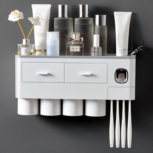 Toothbrush Rack Home Toothbrush Holder Wall Mounted Bathroom Organizer, Toothbrush Holder with Toothpaste Dispenser and Cups Bathroom Toothbrush Holder(A)