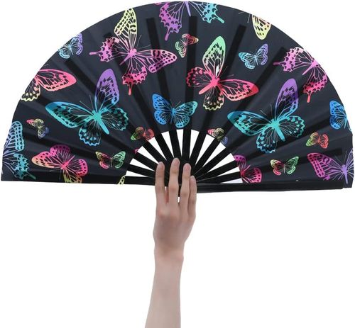 HeyToo Women-Men Large UV Glow Rave Handheld Fan for Drag Queen Cosplay EDM Club Party Music Festival Dance Decoration Butterfly
