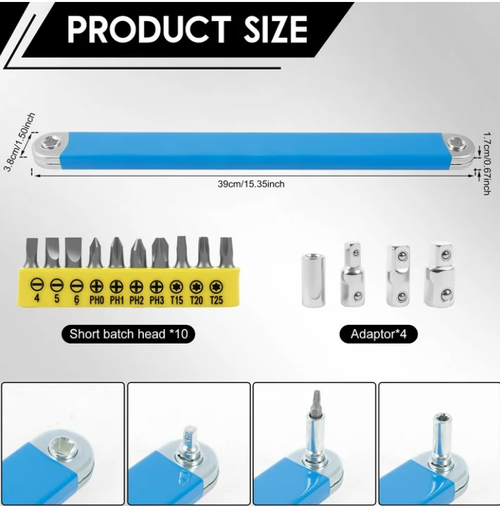 15 Inches Offset Extension Wrench High Carbon Steel Tight Reach Extension Wrench Set with 4 Drive Adapters  Universal Extension Wrench for Hard to Reach Fasteners