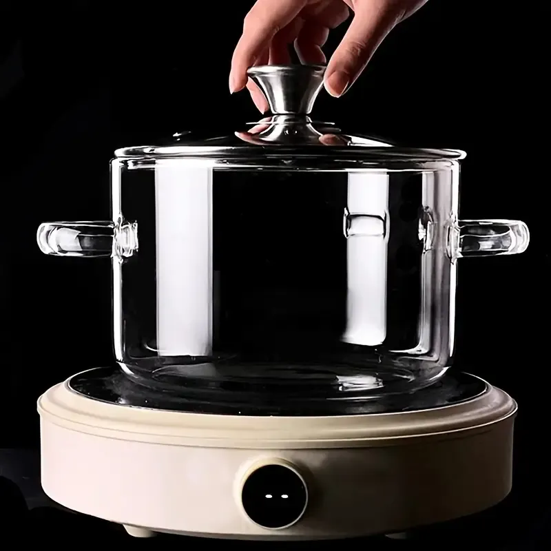 1pc Heat Resistant Clear Glass Stew Pot with Lid - Durable, easy to clean, versatile, can be used for stews, pasta, noodles, gas and electric hob compatible, dishwasher safe, ideal for cooking shrimp and lime pasta, dishwasher safe cookware, Pasta Saucepan, Modern Kitchenware, Sleek Cookware, Sturdy Construction, Durable Glassware, Versatile Saucepan, Busy Professionals, Home Chefs