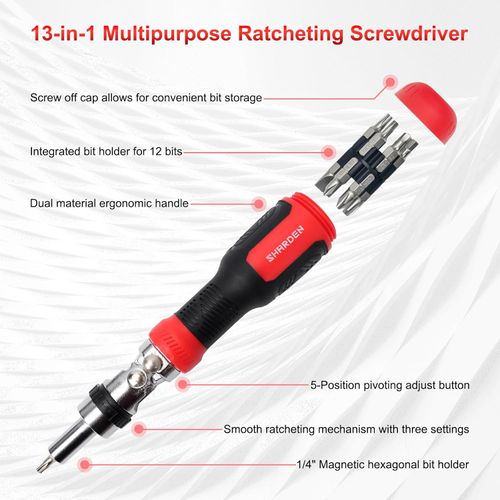 SHAR Ratcheting Screwdriver 13-in-1 Multibit Screwdriver All in One Screwdriver Set with Phillips, Flat Head, Torx Security, Hex, Robertson, 180 Degree Pivoting Adjustable Angled Screw Driver Set